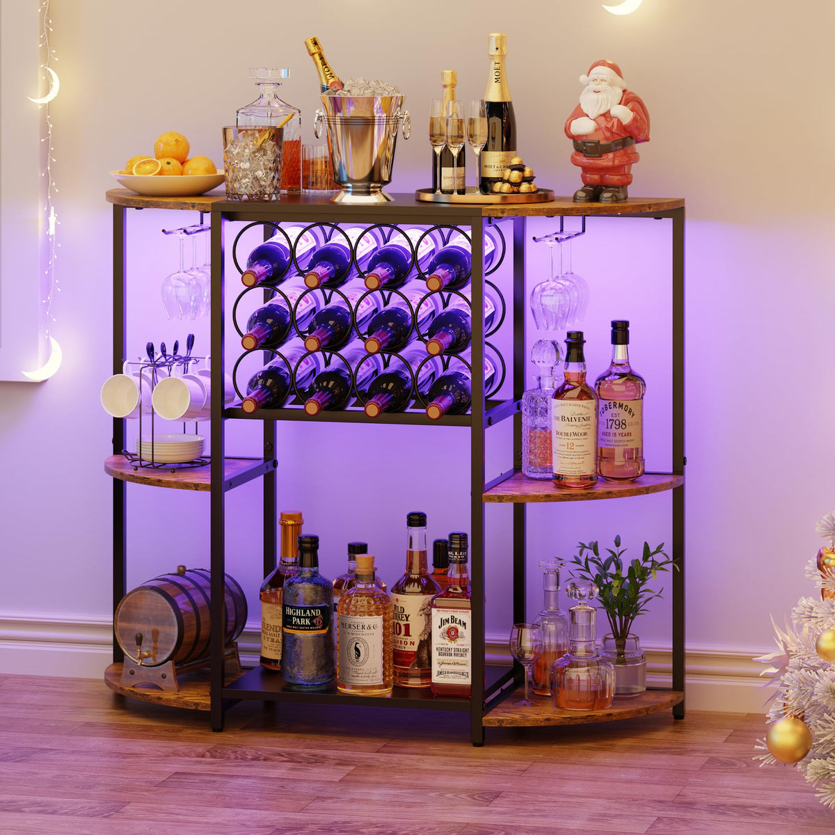Armario JKsmart con iluminación LED para exhibir vinos y copas en ambiente elegante