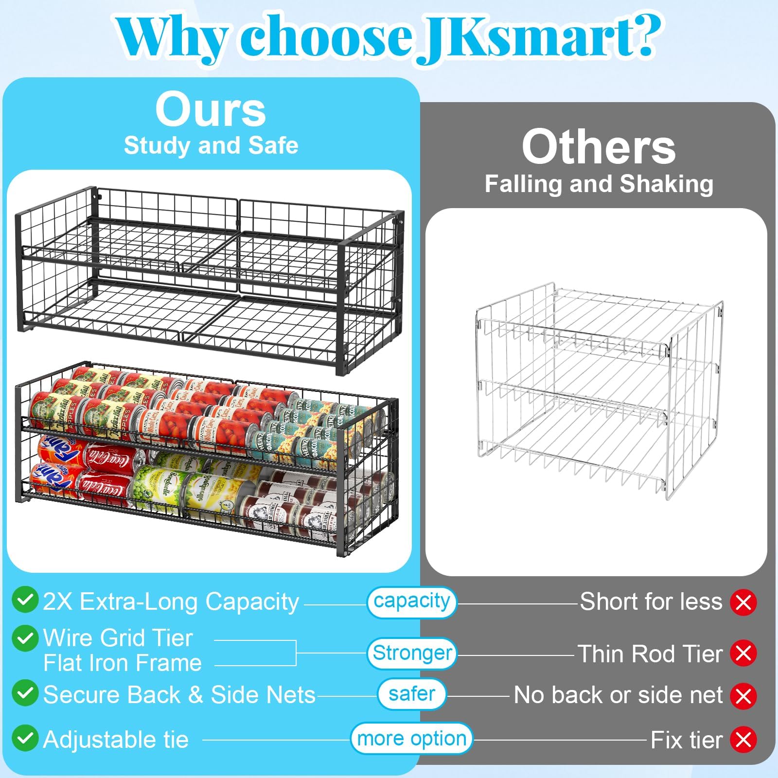 JKsmart compatible con estantes de despensa para ahorro de espacio.