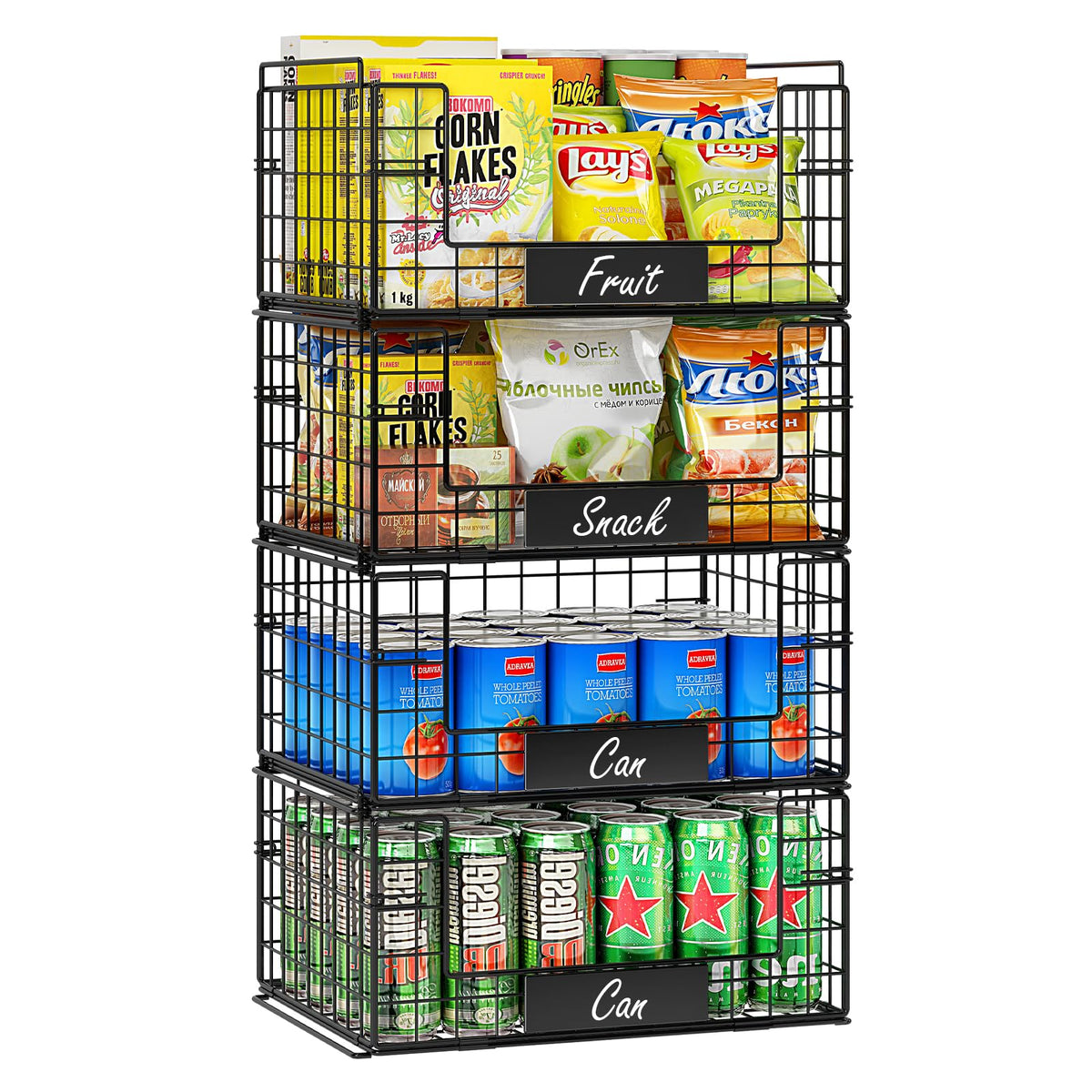Cesta JKsmart apilable de metal con asas para despensa, ordena alimentos.