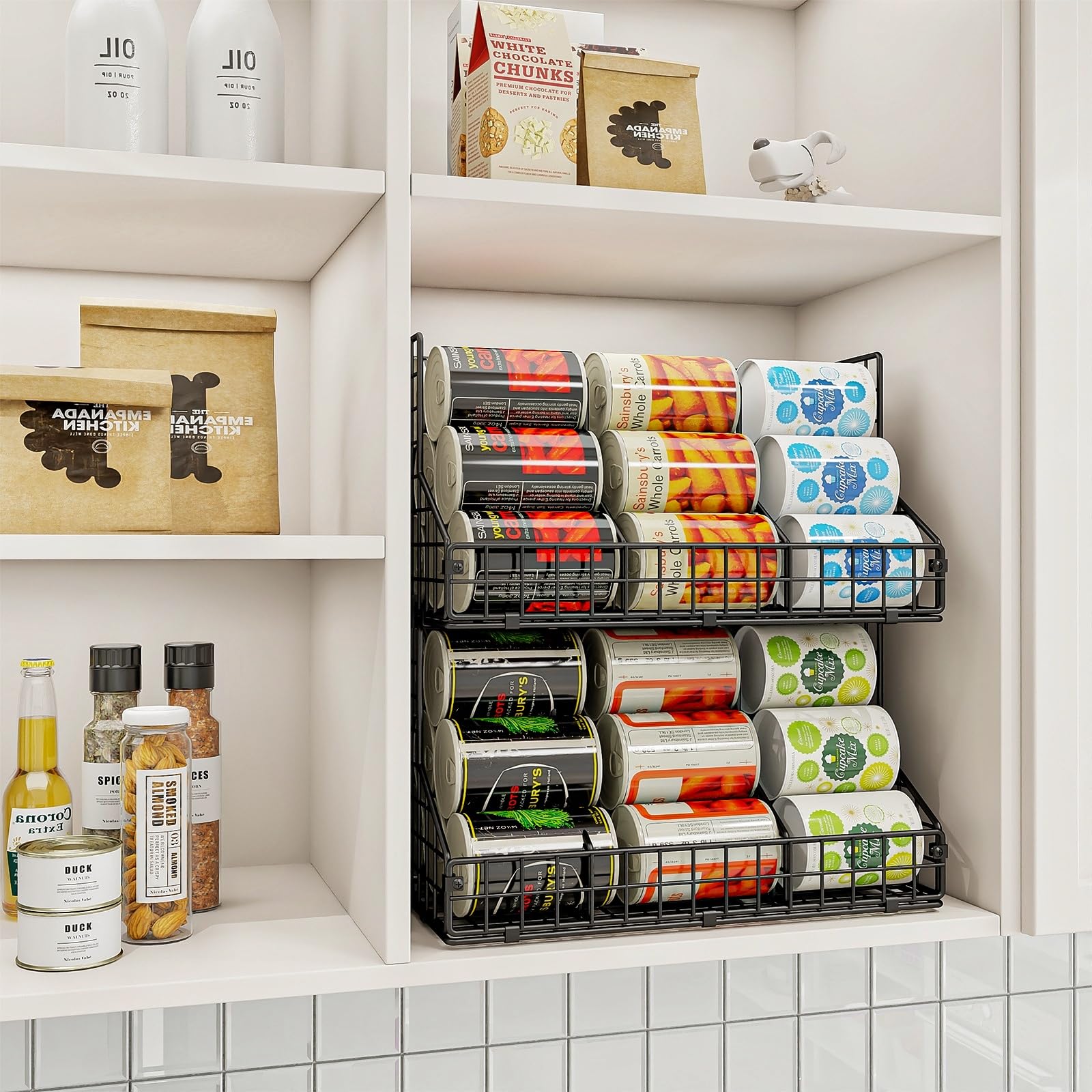 JKsmart estante-latas-apilable-dos-niveles ofrece estabilidad duradera.