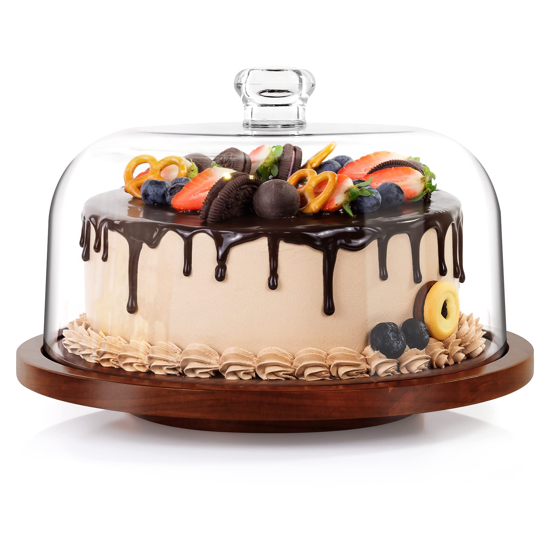 Porta tortas jkwokback con cúpula acrílica y base de acacia exhibe pasteles con elegancia.
