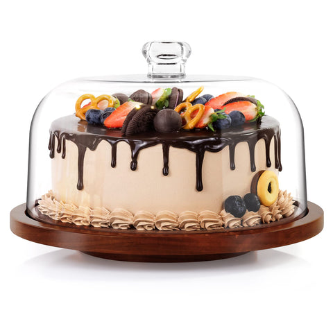 Porta tortas jkwokback con cúpula acrílica y base de acacia exhibe pasteles con elegancia.