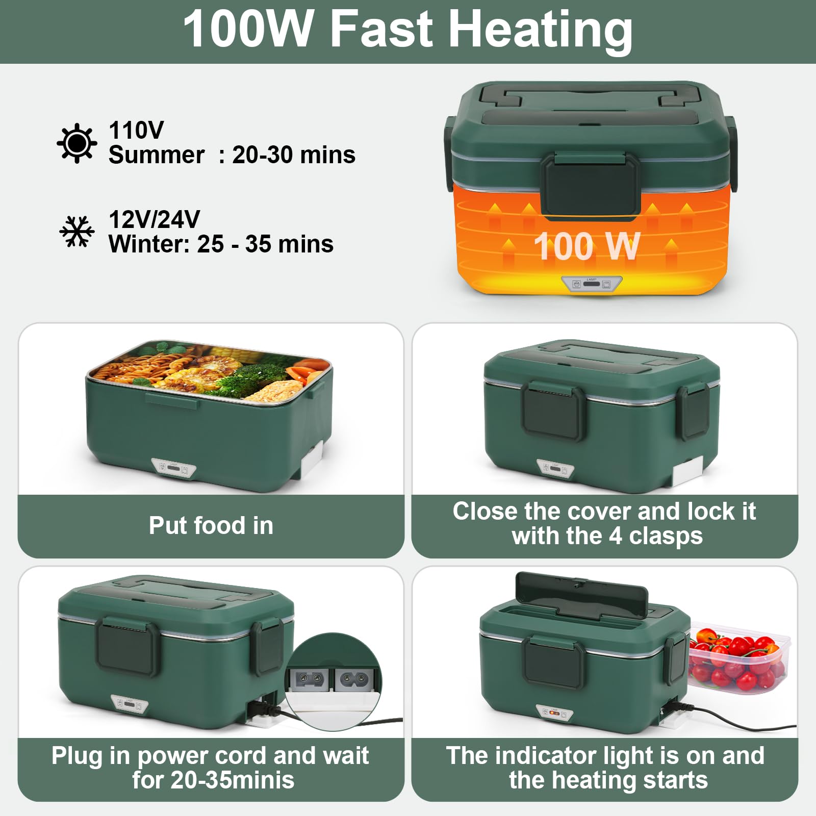 Calentamiento rápido de 100W mantiene la comida caliente durante el viaje