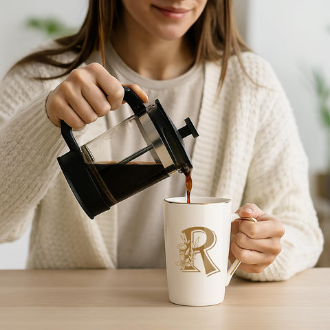 Detalle flor y letra R en taza, añade toque personalizado para uso diario.