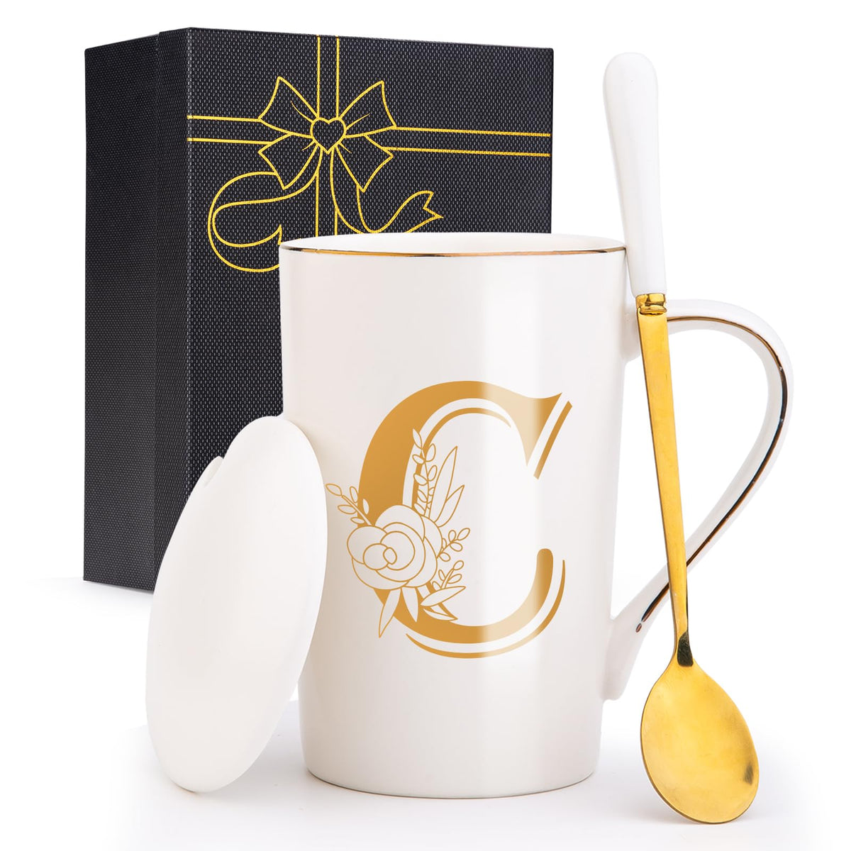 Taza inicial C con flor de Jmugmt, uso diario con estilo suave.