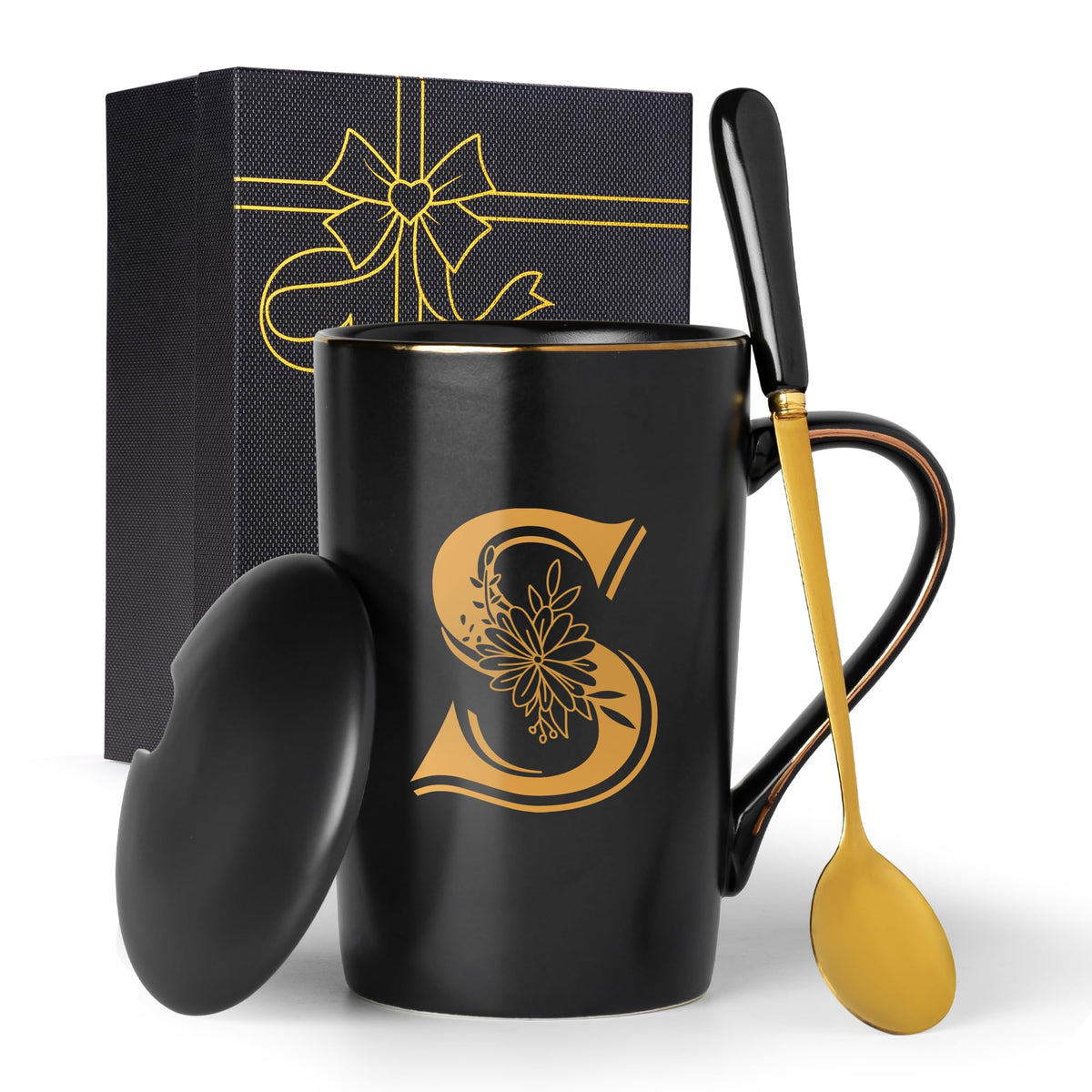Taza jmugmt con letra S y flor, regalo personalizado para momentos especiales.