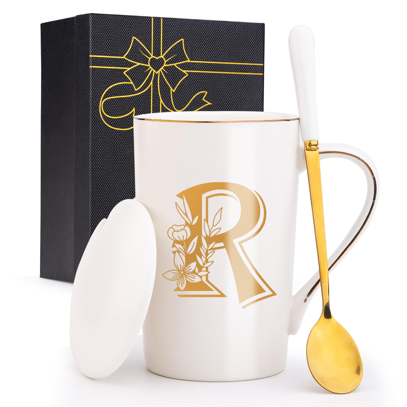 Taza Jmugmt Letter R con flor, diseño elegante, regalo ideal para ocasiones especiales.