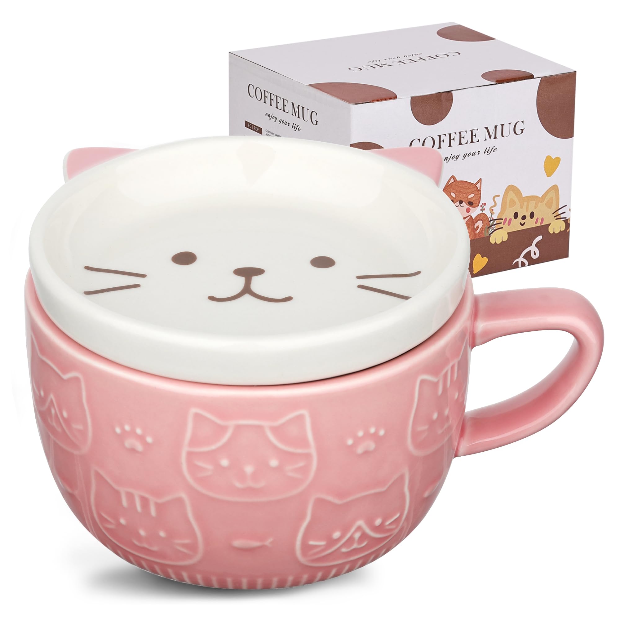 Taza cerámica de gato JNSMFC con tapa, ideal para bebidas calientes.