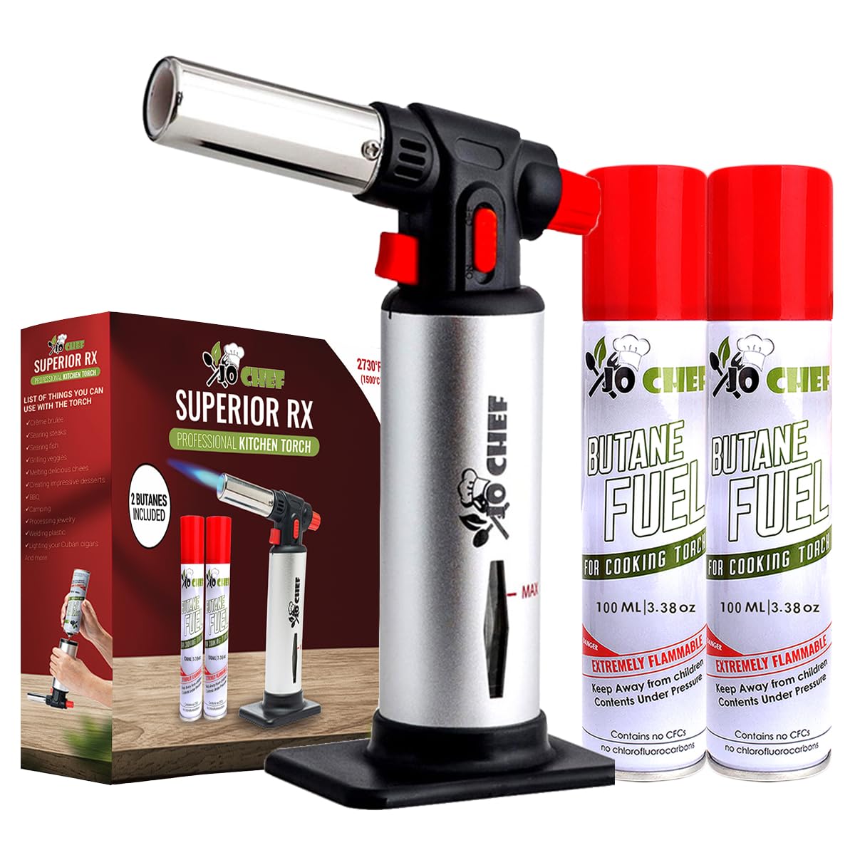 Jo Chef encendedor de cocina con llama ajustable para caramelizar con precisión.
