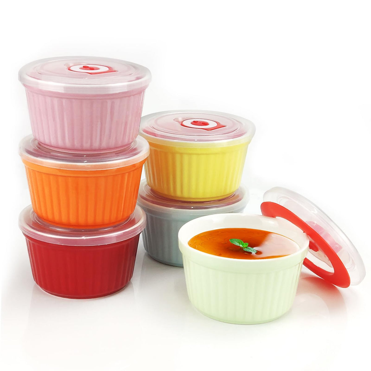 Ramequines JOBVERT de 8 onzas con tapas, ideales para hornear postres.