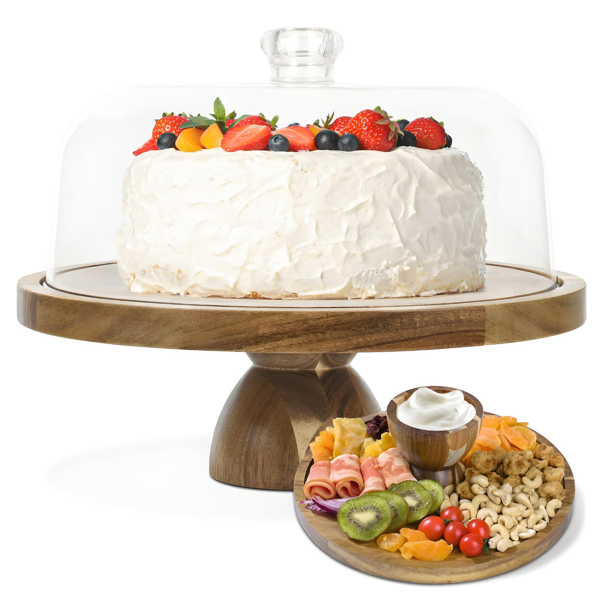 JOCHER base tarta acacia con tapa abierta, estabilidad para pasteles