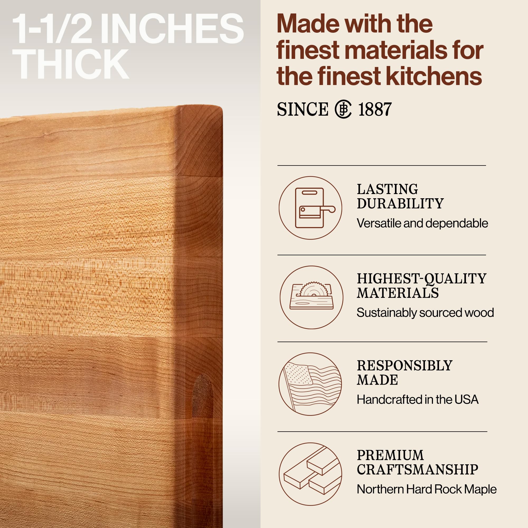 John Boos R-Board bordes en grano que aumentan durabilidad.