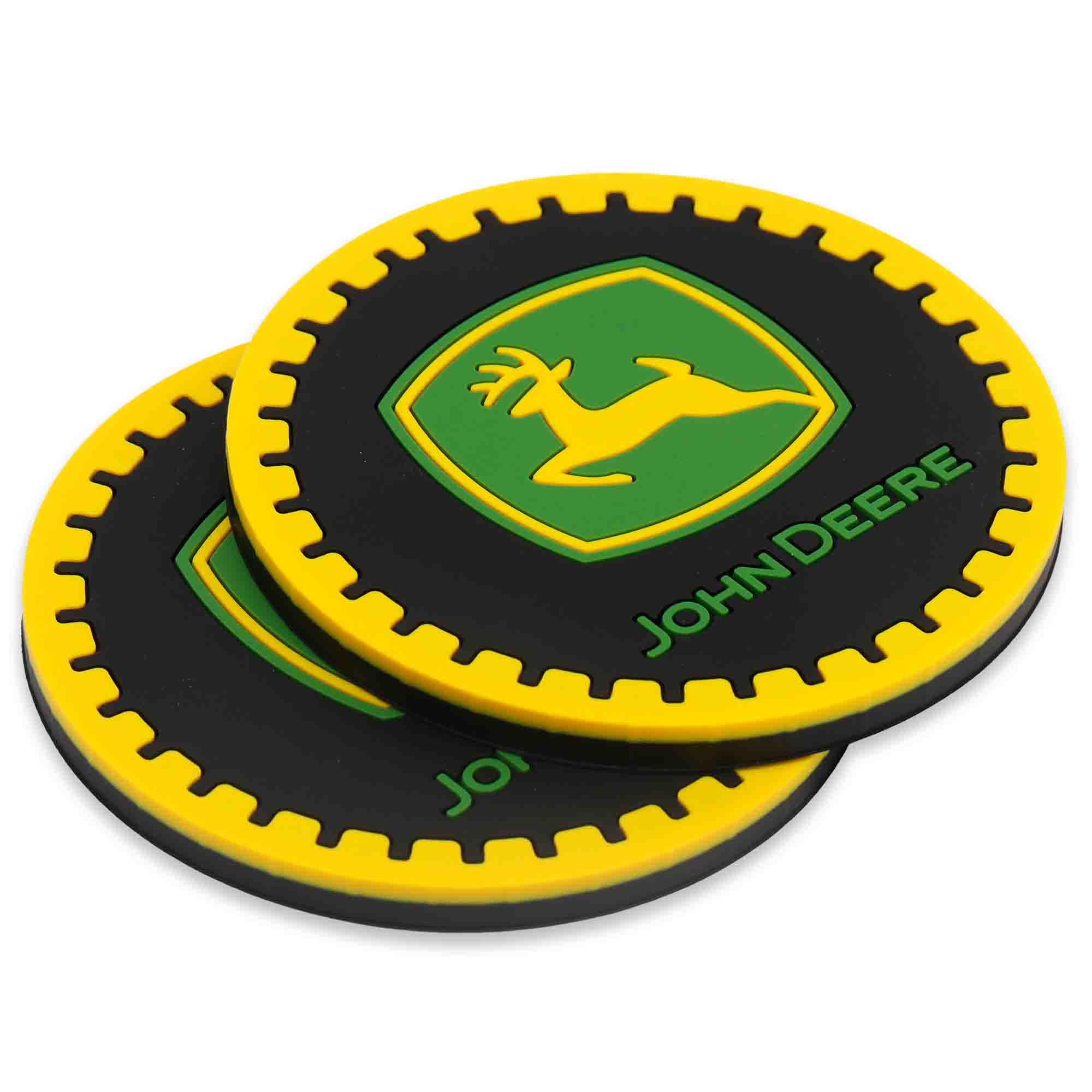 John Deere posavasos de coche con diseño de logo y slogan.