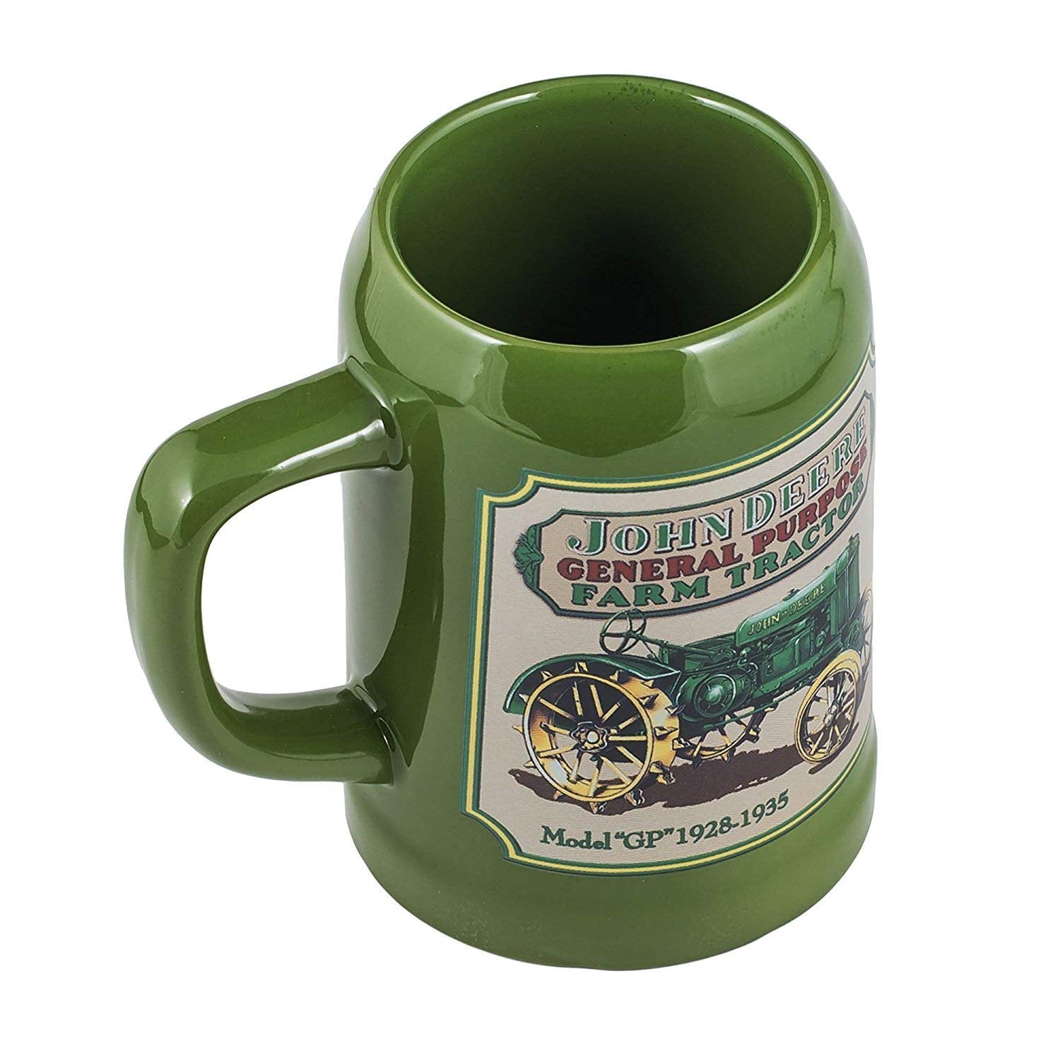 John Deere: taza cerámica verde, detalle del mango, uso cómodo para bebidas frías o calientes.