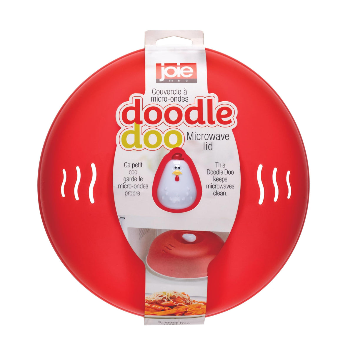 Tapa de microondas Joie Doodle Doo con diseño de gallo rojo para evitar salpicaduras.