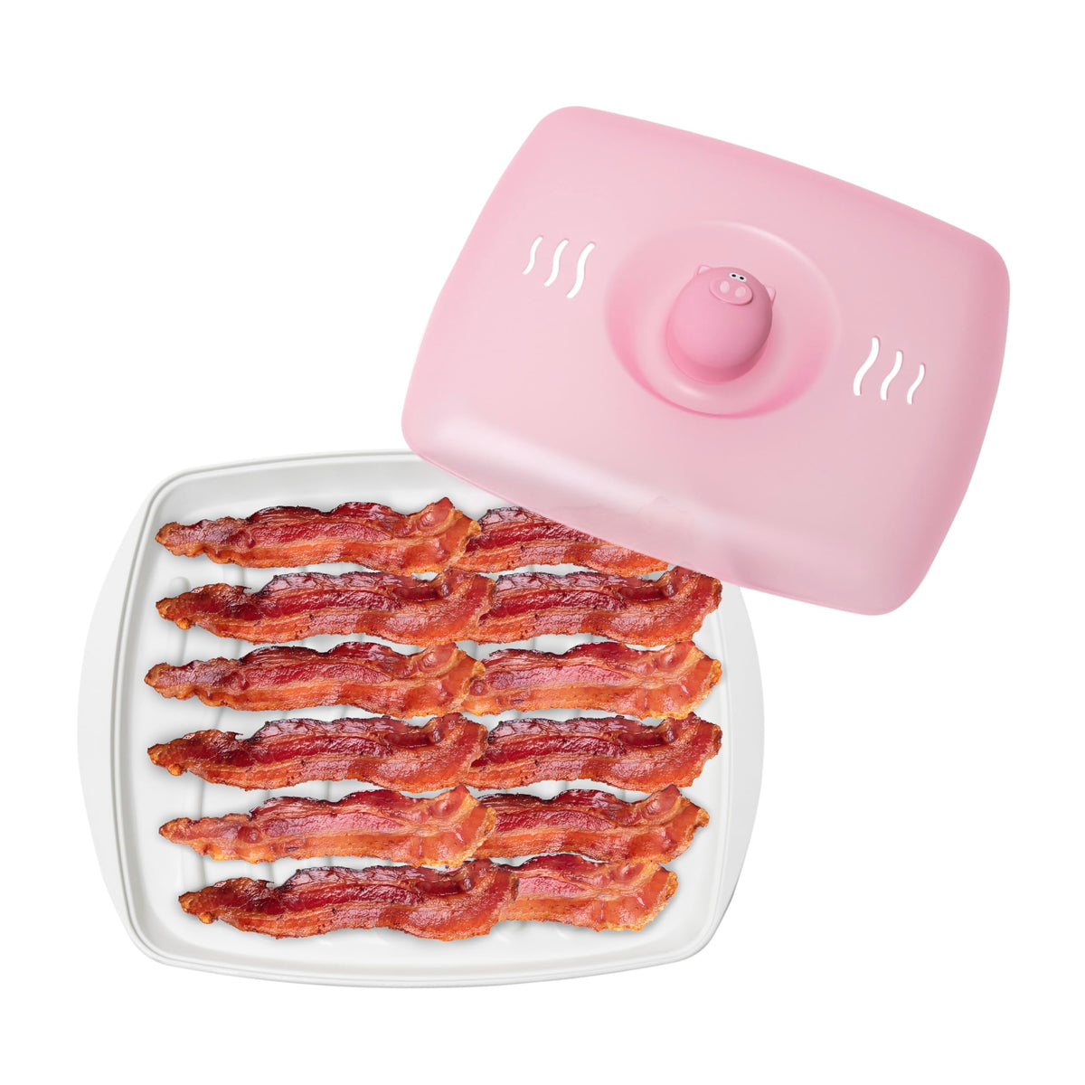 Bandeja Joie Piggy para tocino en microondas con ranuras para crujido.