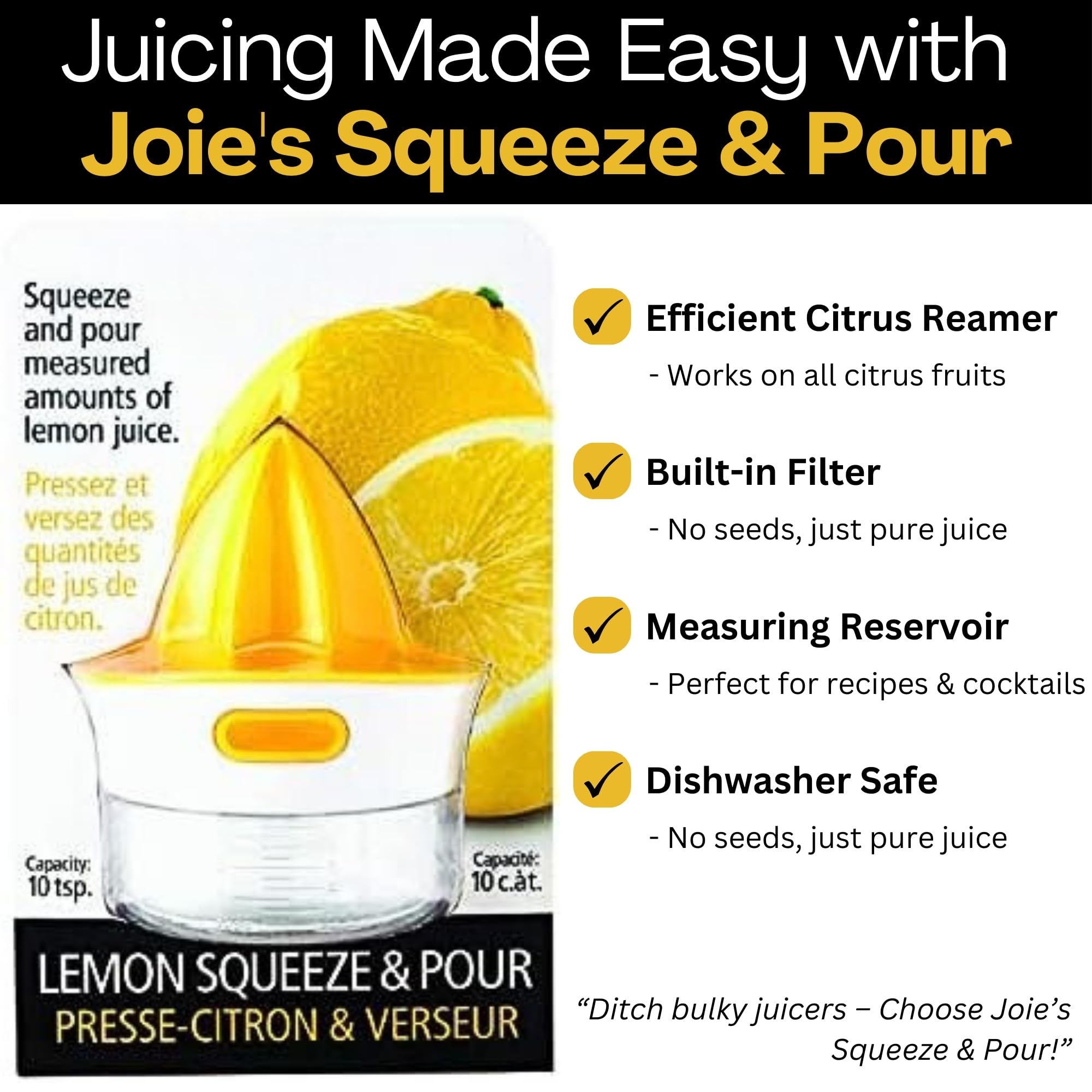 Joie exprimidor-reamer amarillo filtra semillas para un jugo limpio.