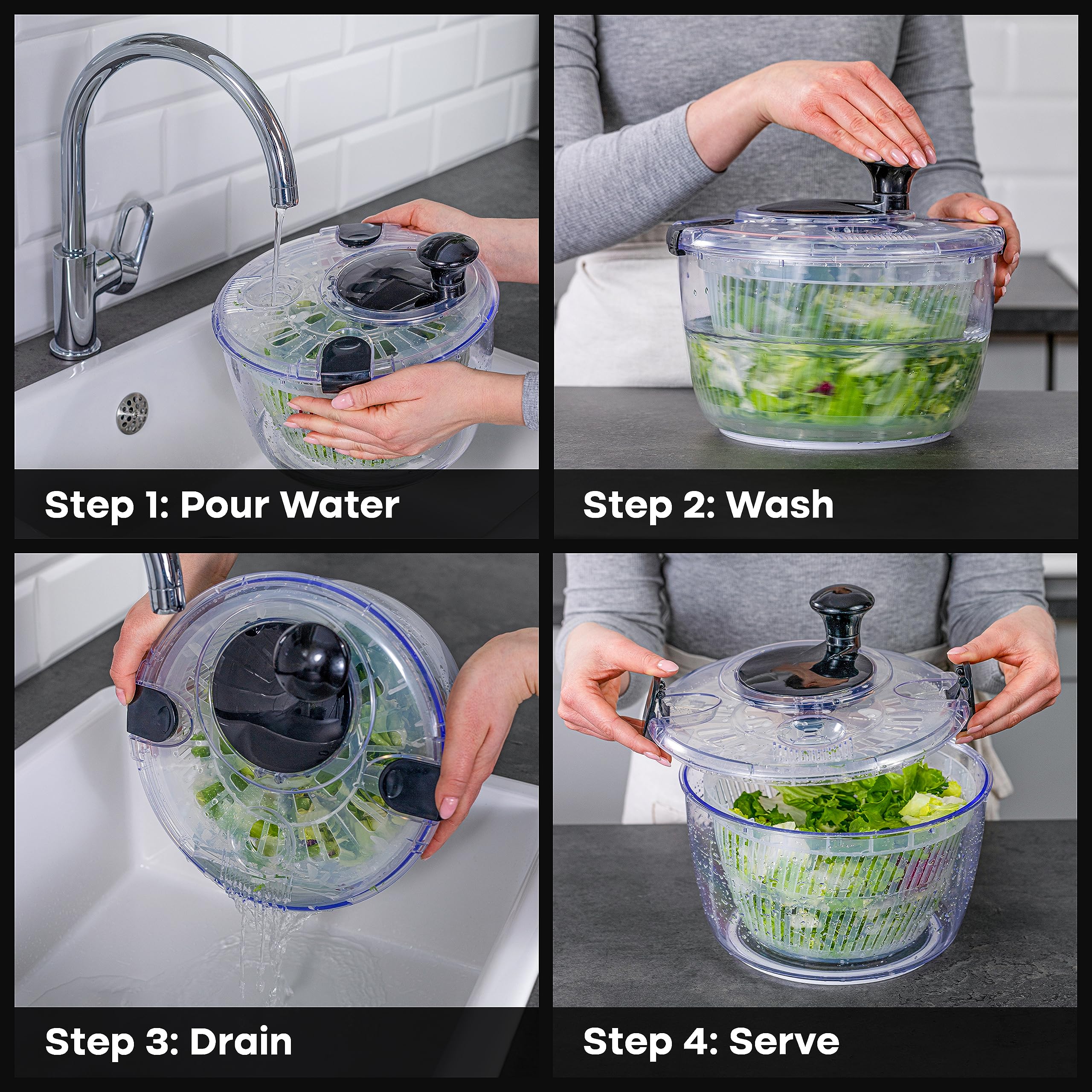 Joined centrifuga-ensaladas cuenco-servicio: sirve como ensaladera y escurridor para uso diario.