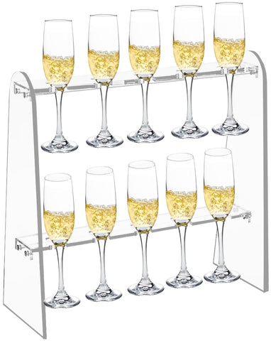 Joioda soporte champán pared 2 niveles en acrílico, exhibe copas con elegancia para fiestas.