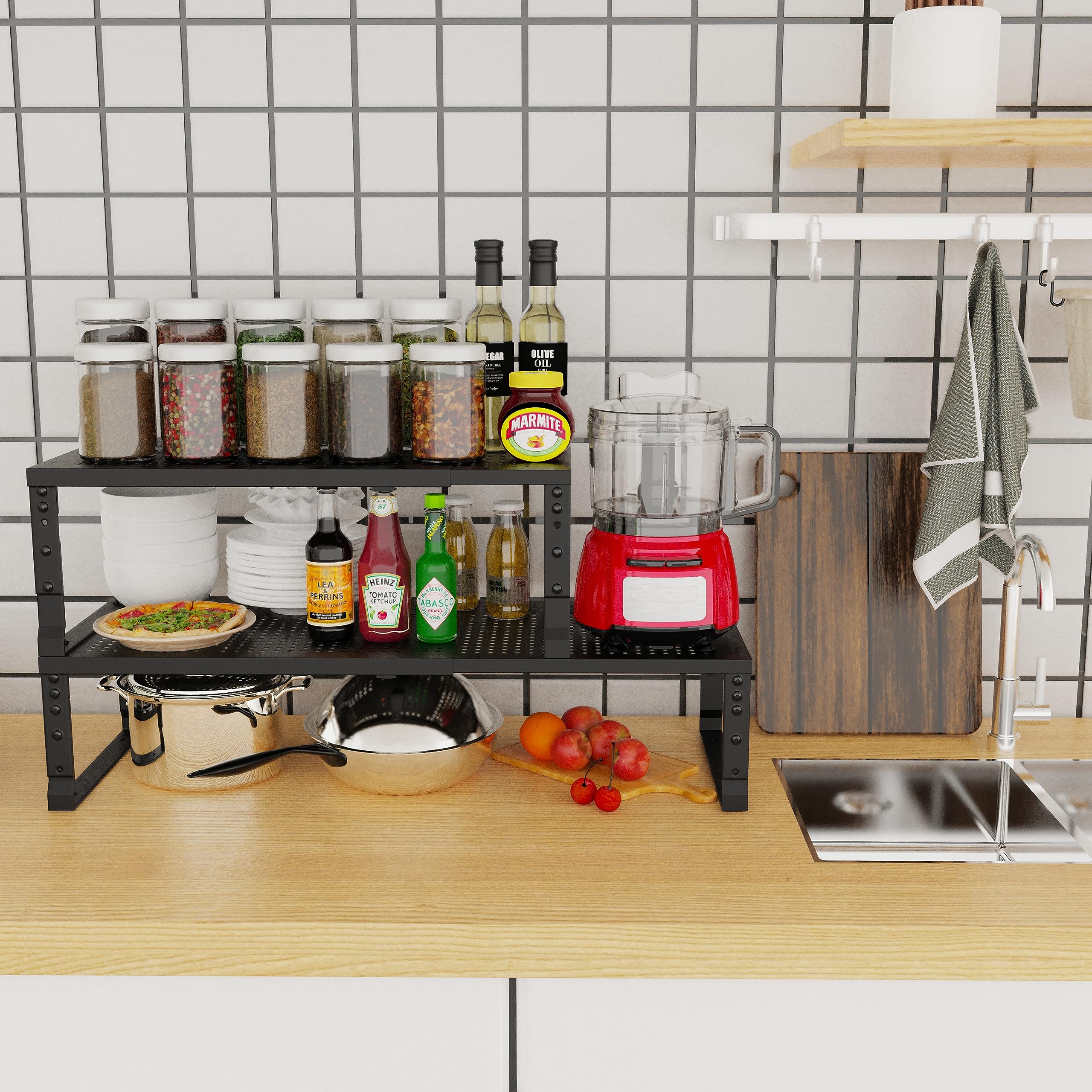 Jojocross organizador cocina ajustable altura, adaptable a gabinetes y mostradores para mayor flexibilidad.
