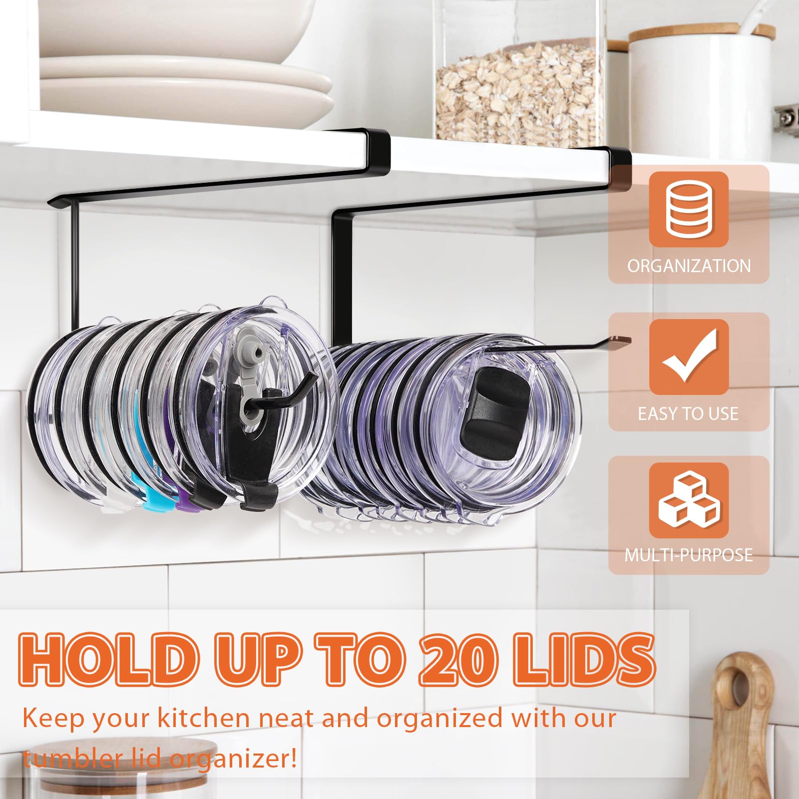 Organizador Jolensoy de tapas para tumbler plano negro, mantiene la cocina ordenada.