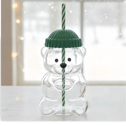 Vaso de cristal JOLINO con diseño de oso navideño, ideal para bebidas festivas.