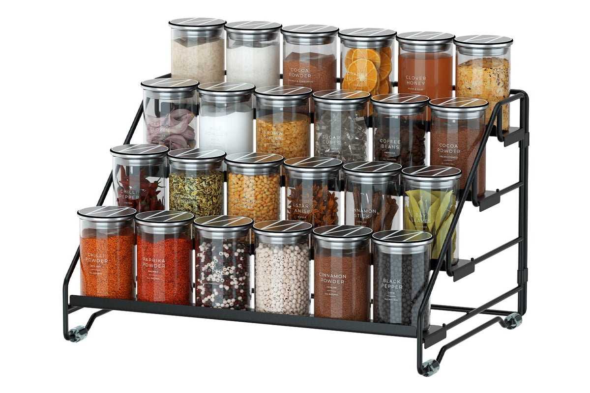Jolitac estante para especias de 4 niveles ajustables, ideal para frascos de diferentes alturas.