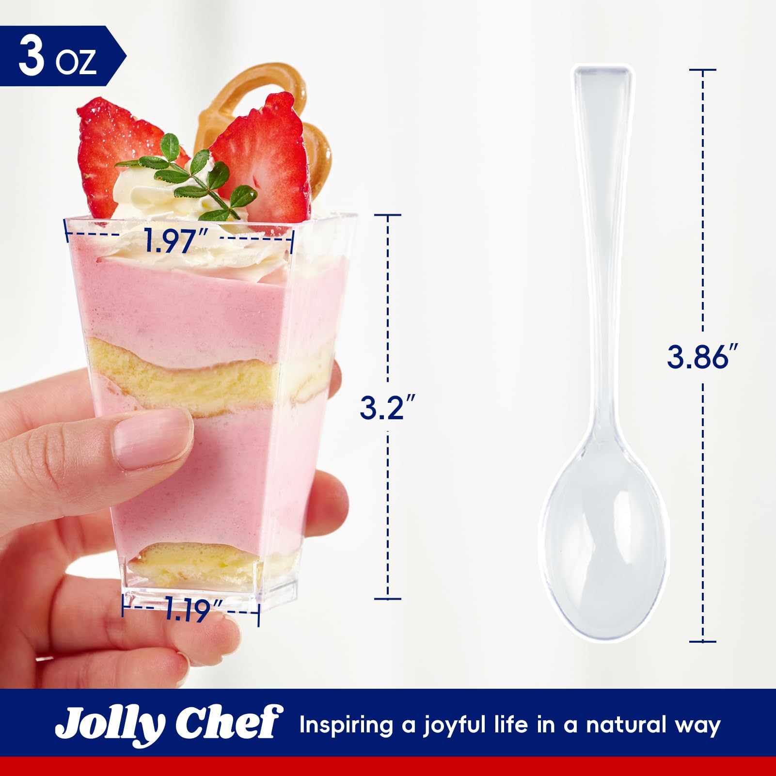 Cucharas transparentes JOLLY CHEF incluidas, listas para servir postres o aperitivos.