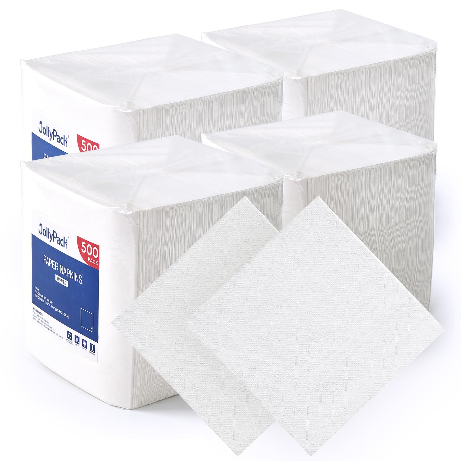 JollyPack servilletas blancas plegadas 6.5x6.5, cobertura para manos y rostro durante comidas.