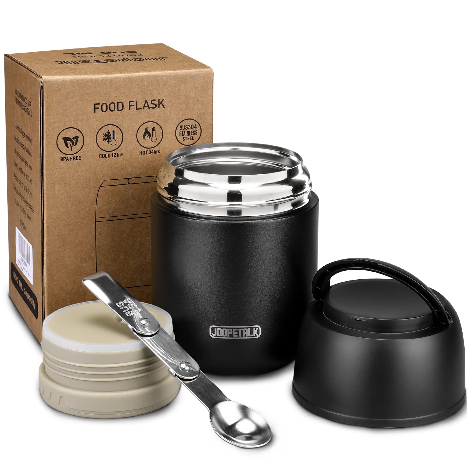 JOOPETALK termo para almuerzo 17oz negro: aislamiento duradero para calor y frío