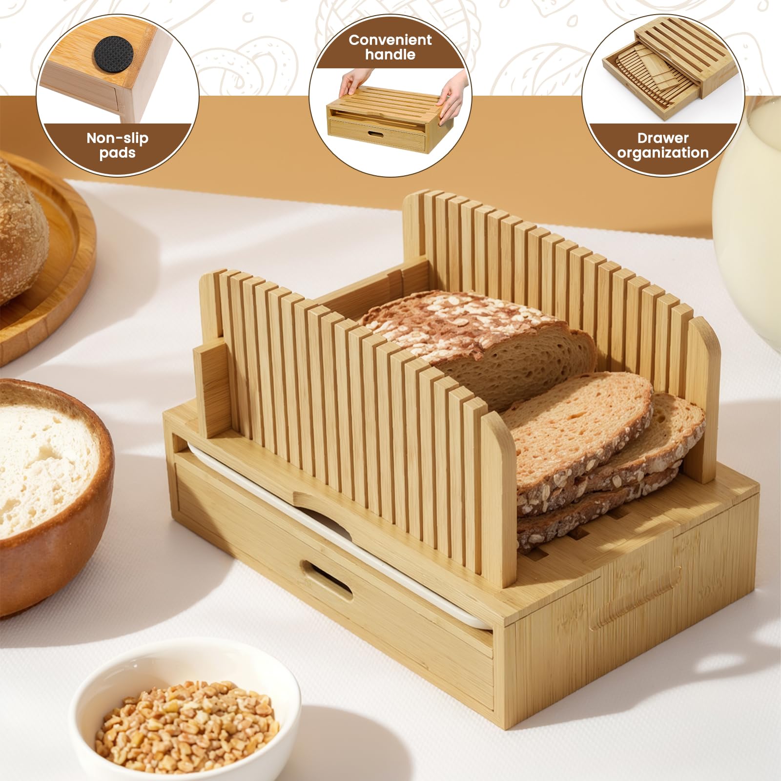Cortador de pan compacto en bambú para facilitar el corte.