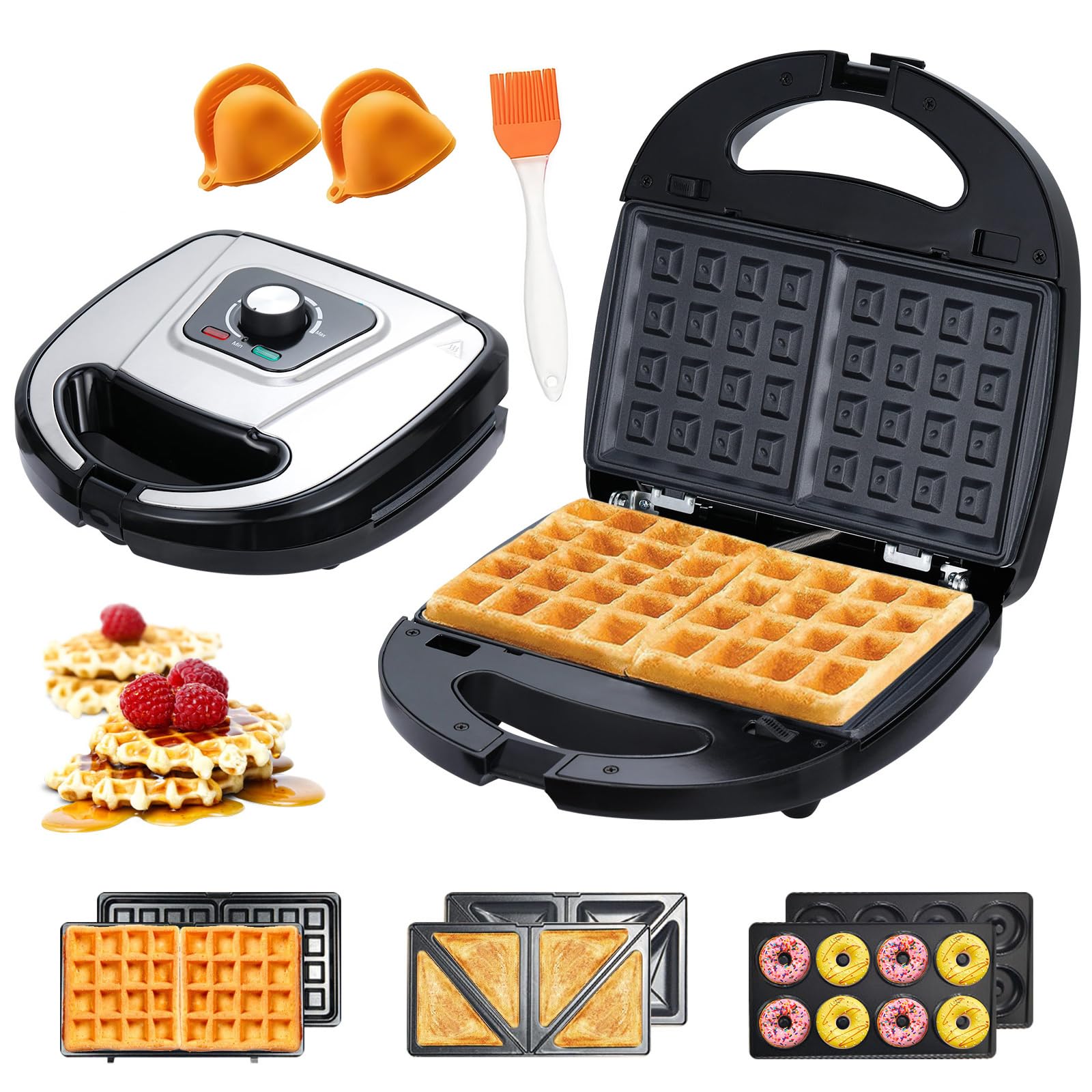 JOVELL mini gofre 3-en-1 con placas antiadherentes para gofres dorados.