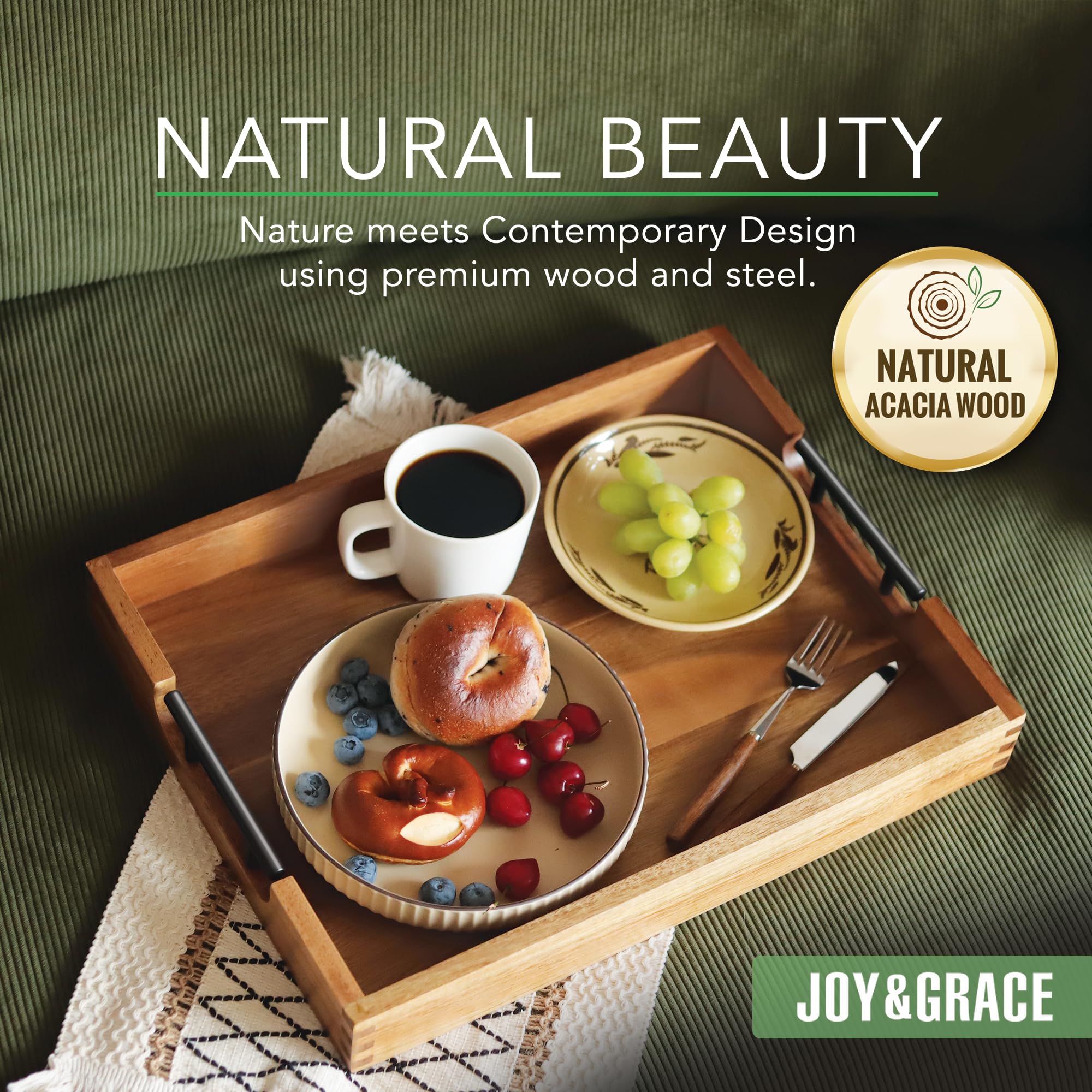 Joy&Grace bandeja de madera acacia natural con asas para transporte cómodo.