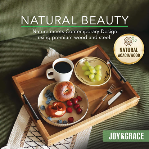 Joy&Grace bandeja de madera acacia natural con asas para transporte cómodo.