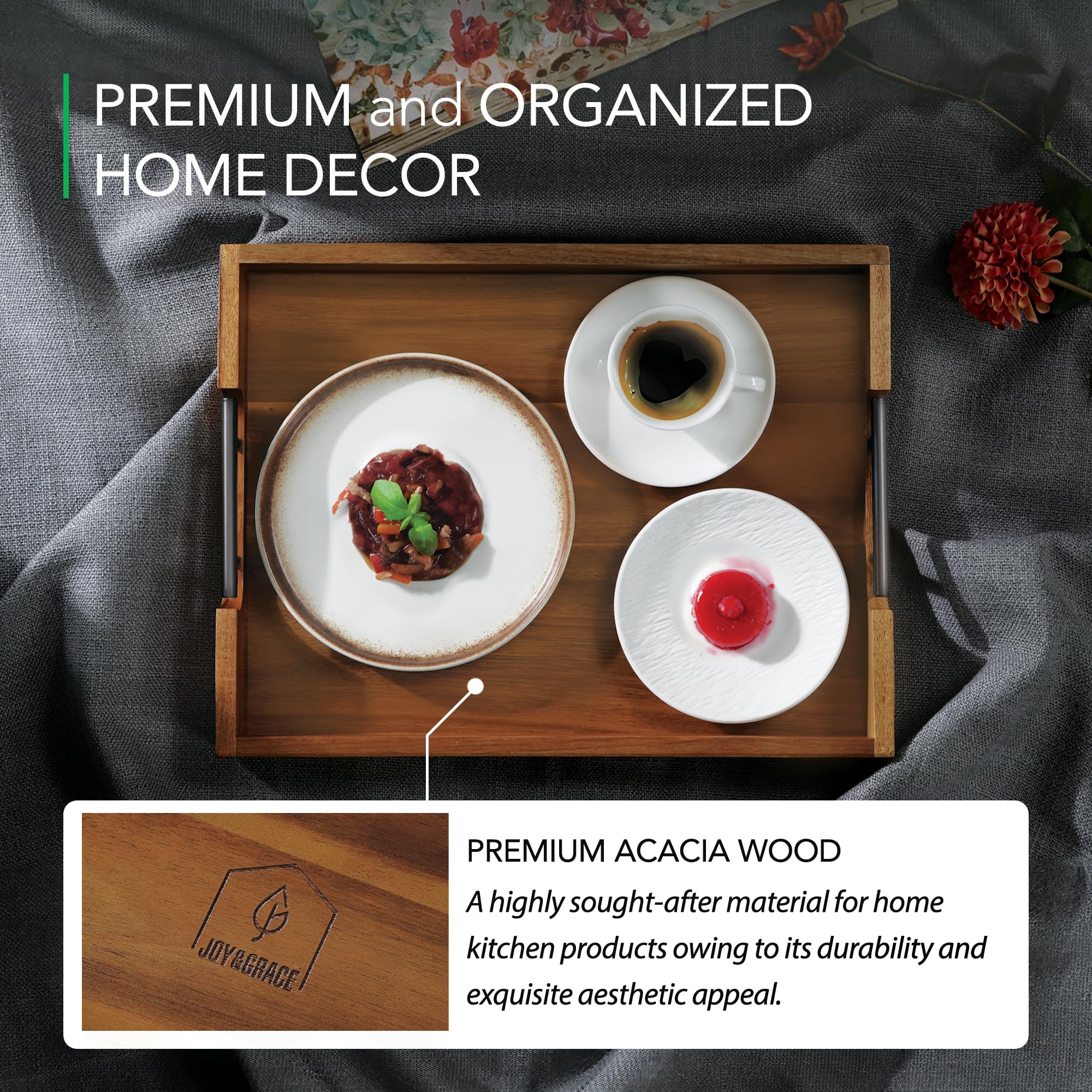 Joy&Grace bandeja de madera acacia con textura de grano rico para mesa de centro.