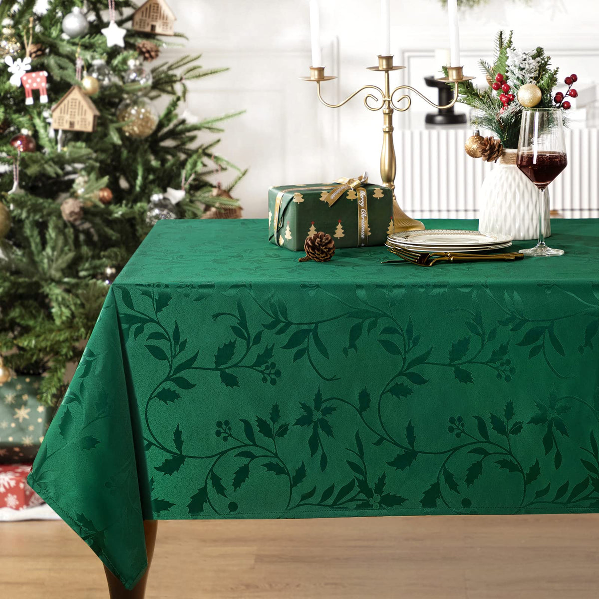 Mantel Joybest navidad jacquard verde frente para cenas festivas elegantes