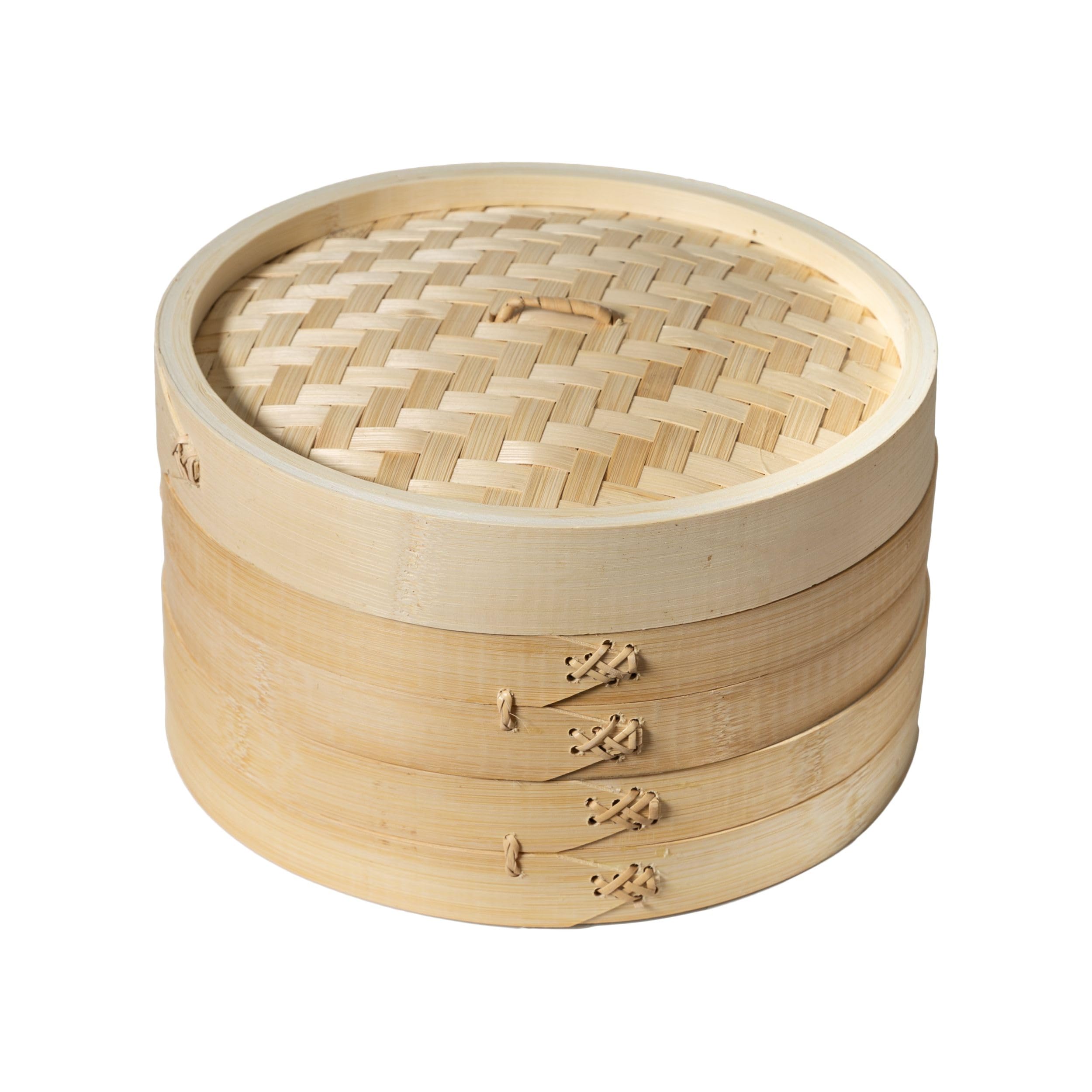 Joyce Chen cesto vapor bambú 10 pulgadas, dos niveles para cocinar varias porciones.