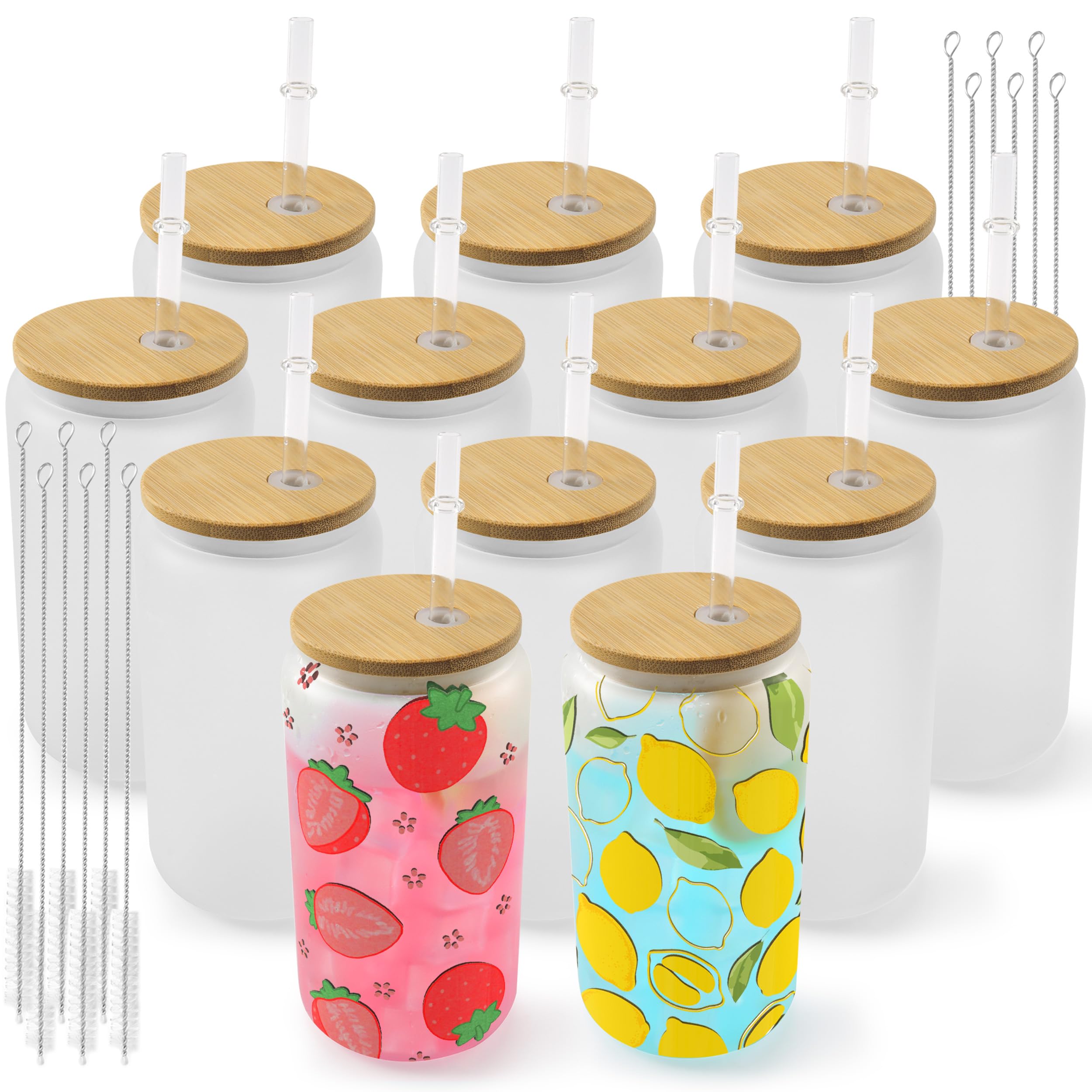 Joyclub vaso de cristal sublimación con tapa de bambú, listo para personalizar bebidas.