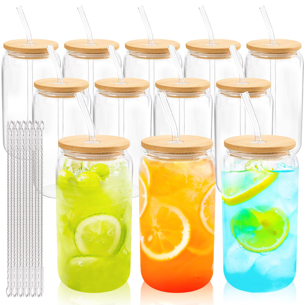 Joyclub: 12 vasos de vidrio con tapas de bambú de 16 oz para bebidas