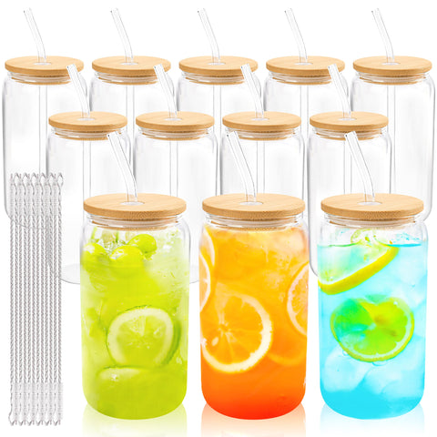 Joyclub: 12 vasos de vidrio con tapas de bambú de 16 oz para bebidas