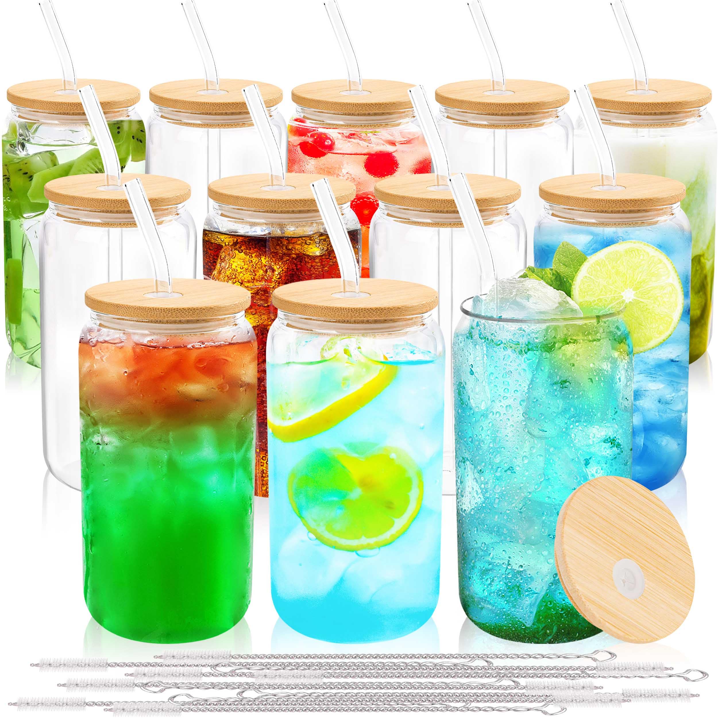 Joyclub: vasosa cristal con tapas de bambú y pajillas, conjunto completo para bebidas.