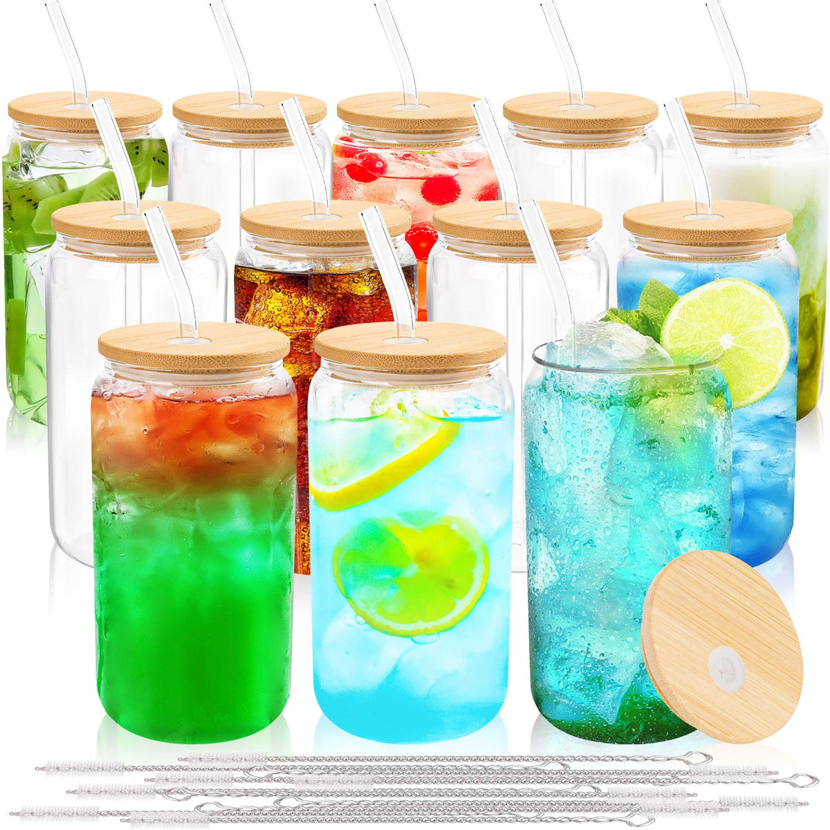 Joyclub: vasosa cristal con tapas de bambú y pajillas, conjunto completo para bebidas.