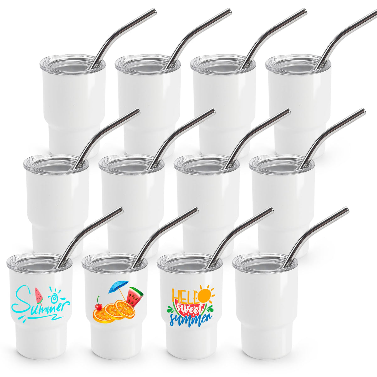 Joyclub vaso pequeño chupito con tapa y pajilla blanco, ideal para fiestas.