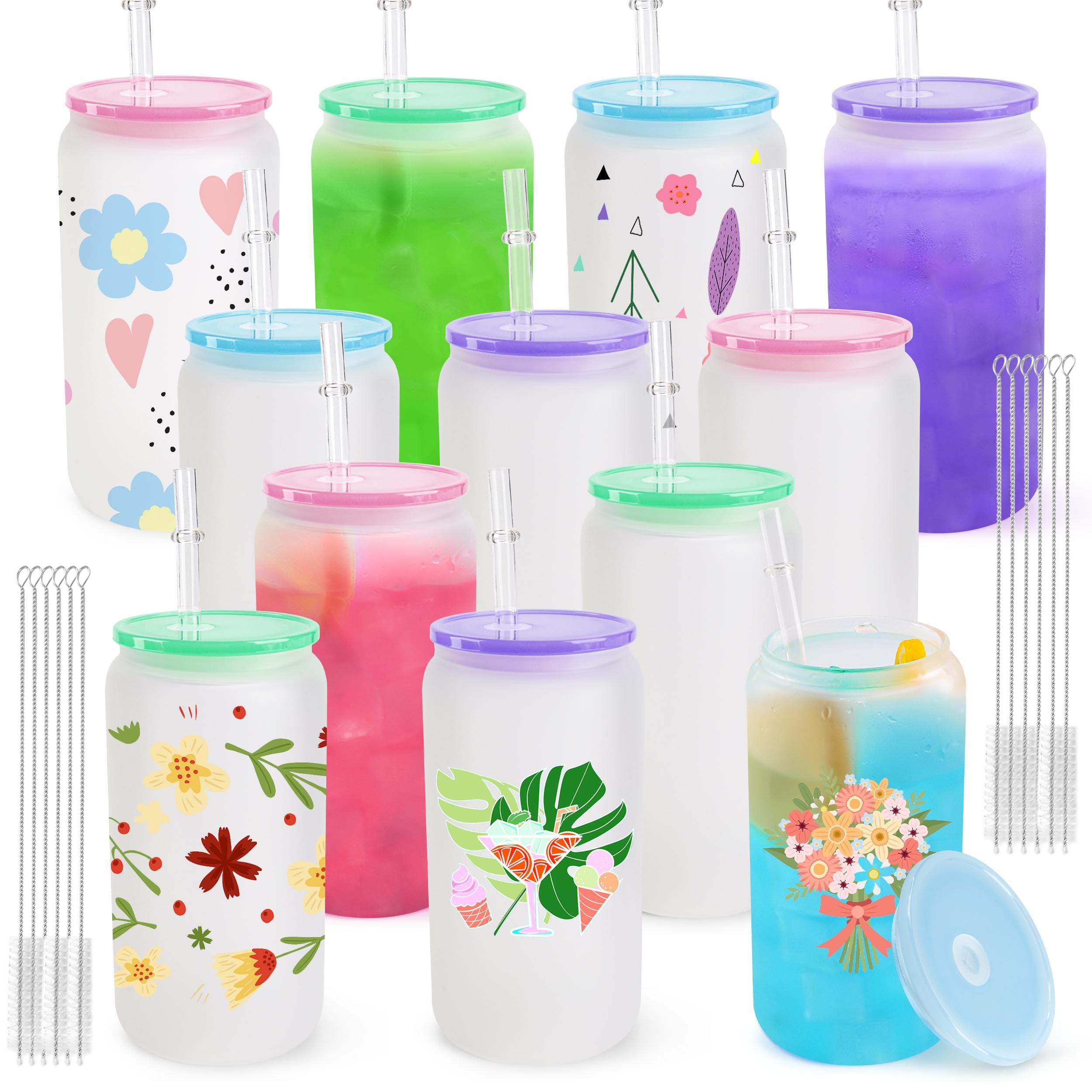 Joyclub vaso sublimación de vidrio borosilicato 16 oz con tapa acrílica, acabado esmerilado para bebidas.