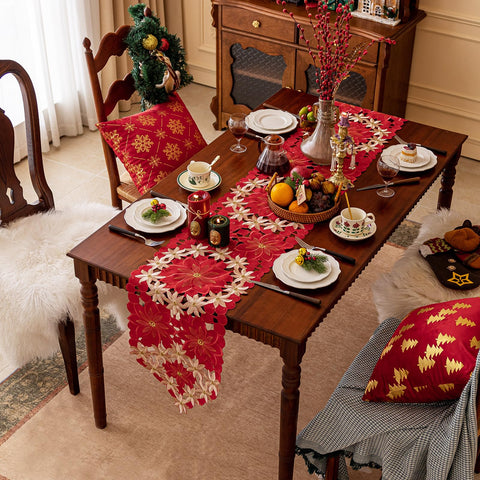 Joyfol Day Camino de mesa poinsettia rojo dorado para decoración navideña elegante.