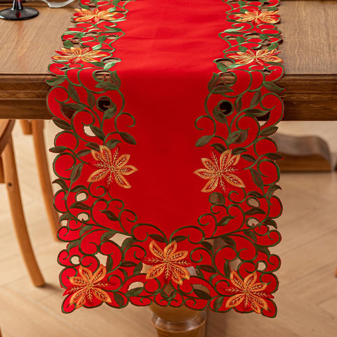 Joyfol Day cinta de mesa con flores rojas bordadas para Navidad.