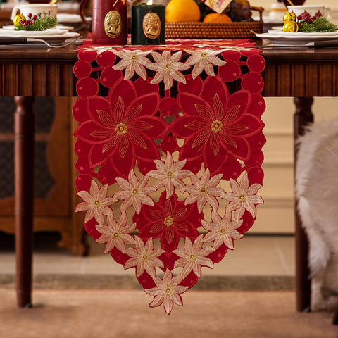 Fondo rojo con poinsettias doradas de Joyfol Day, efecto festivo en la mesa.