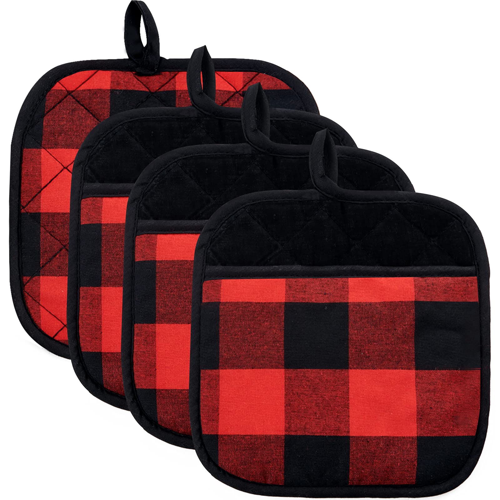 Joyhalo 4-pack de manoplas cocina negro rojo, protección térmica y agarre firme para ollas.