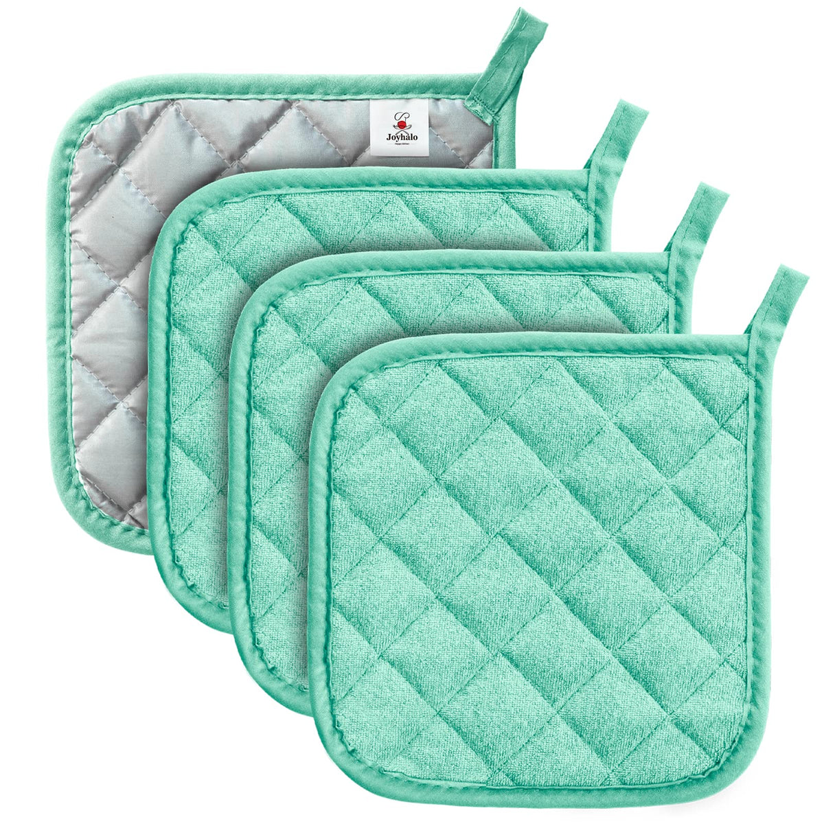 Joyhalo cuatro juegos de manoplas para ollas en color aguamarina, protección anticalor en la cocina.