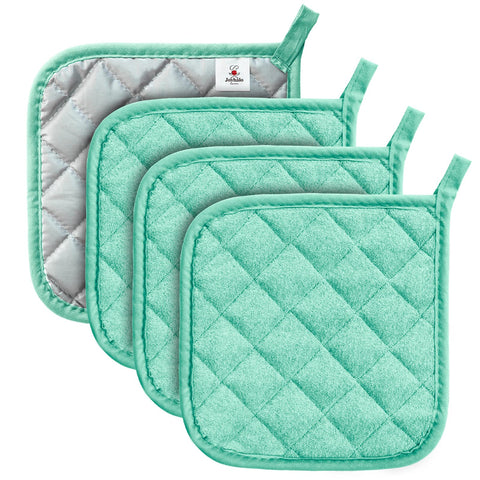 Joyhalo cuatro juegos de manoplas para ollas en color aguamarina, protección anticalor en la cocina.